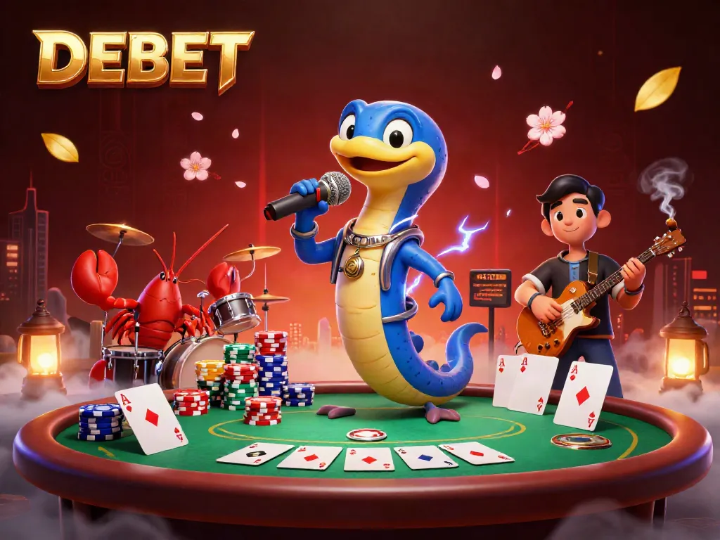 Engage with DEBET's underwater casino scene featuring an electric eel DJ and vibrant poker elements.