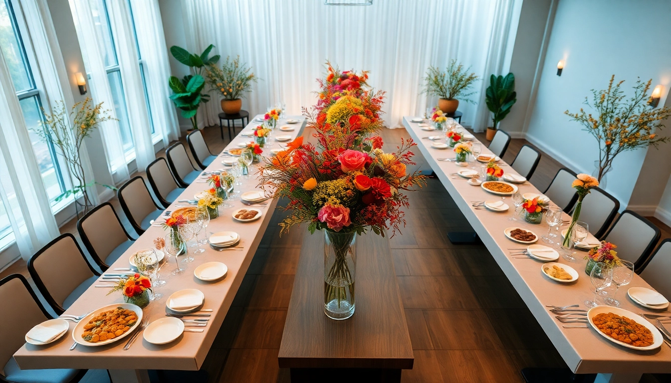 Catering setup featuring an elegant arrangement of diverse dishes and vibrant decorations inviting guests to enjoy.