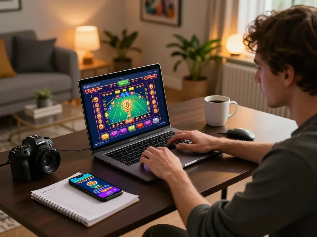 Engaging online gaming session on tr88 featuring a player at their desk with vibrant casino graphics.