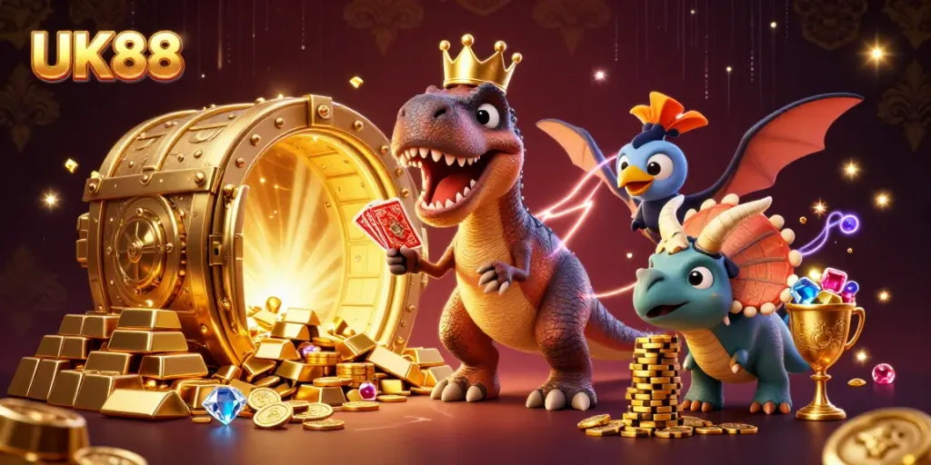Engage in thrilling gaming adventures at UK88 with a colorful scene featuring dinosaurs and treasure.