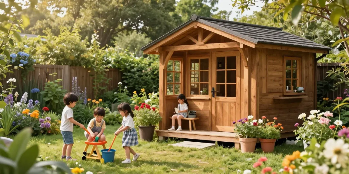 Attraktives Gartenhaus aus Holz umgeben von Blumen und spielenden Kindern im sonnigen Garten.