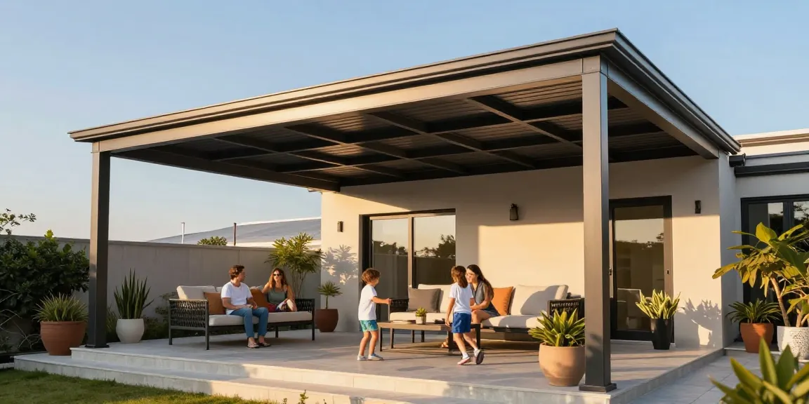 Familie genießt die Zeit unter einer Terrassenüberdachung, modernes Design, warme Atmosphäre