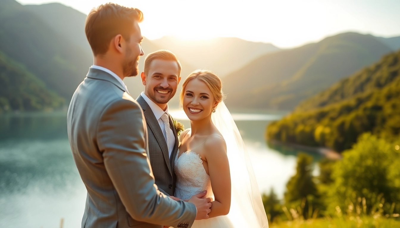 Hochzeitsfotograf Tegernsee bei romantischer Hochzeitszeremonie vor malerischer Kulisse.