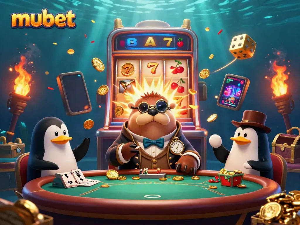 Engage in thrilling gameplay at mubet with a jolly walrus and penguin dealer at an underwater poker game.