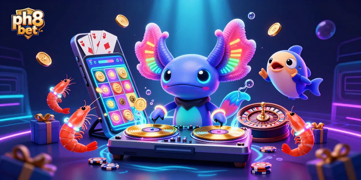 Spin colorful reels and win at ph8 bet with neon axolotl DJ and dynamic casino elements.