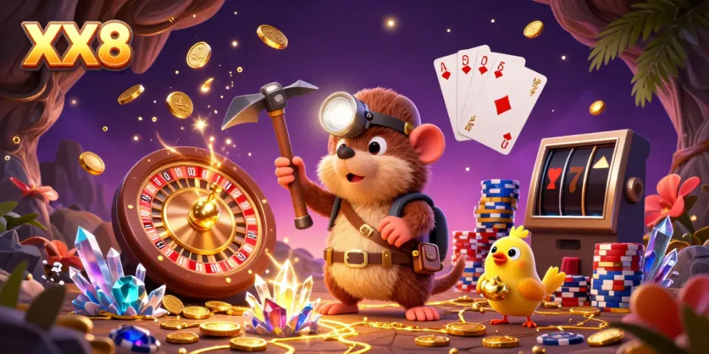 Experience exciting gaming at XX8 with colorful characters and vibrant casino elements.