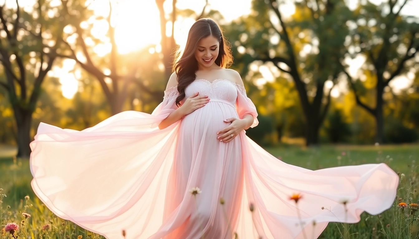 Capture a beautiful moment in a maternity photoshoot dress with lace details and a pastel color.