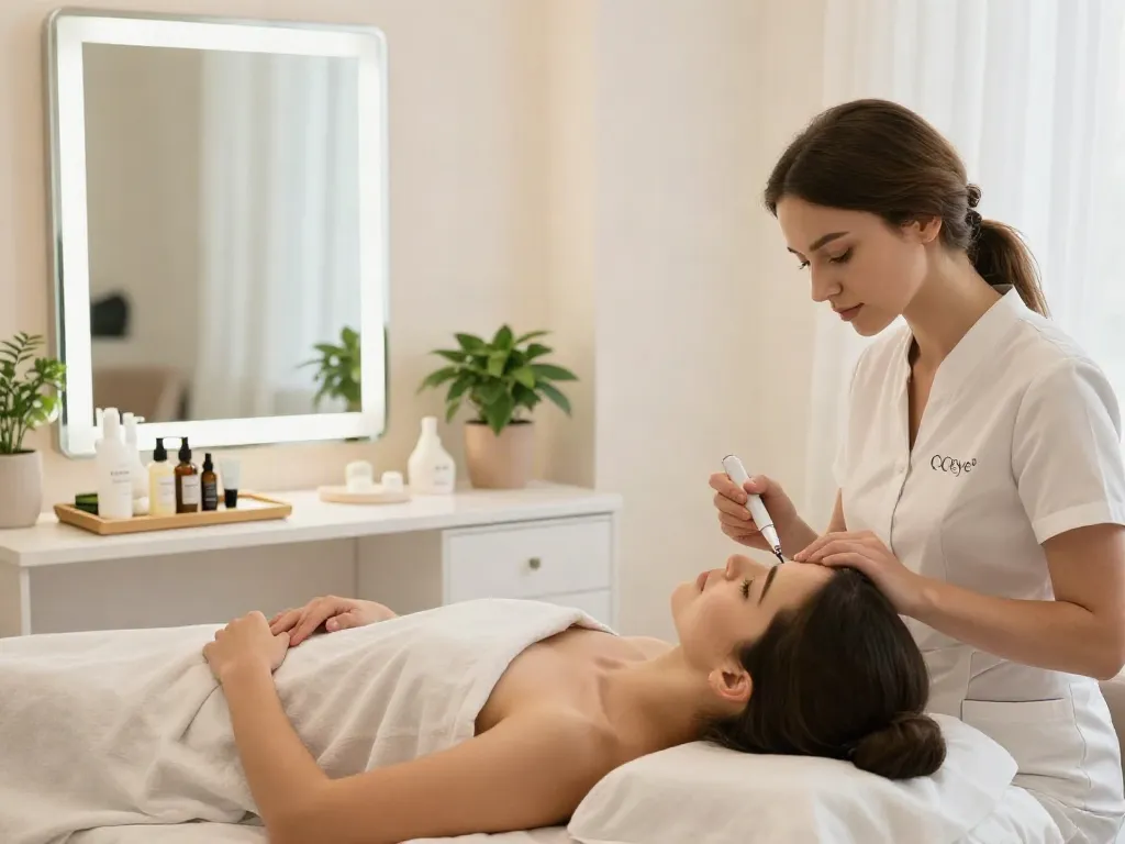Behandlung zur Augenringe abdecken in einem modernen Schönheitssalon mit zufriedener Kundin