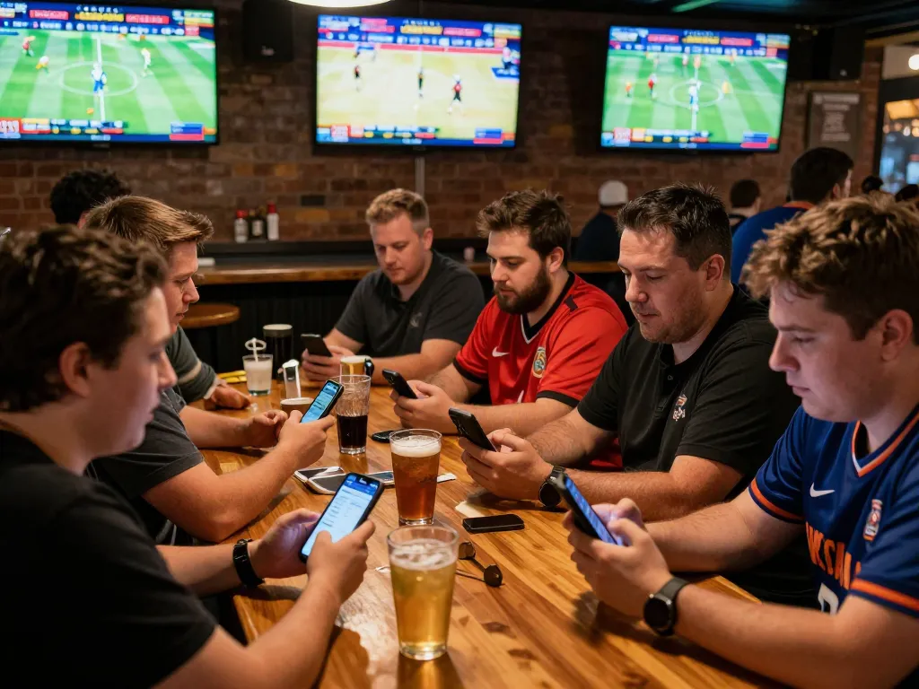 Engaged sports bettors using apps at a lively bar while focusing on ty le keo nha cai to maximize winning chances