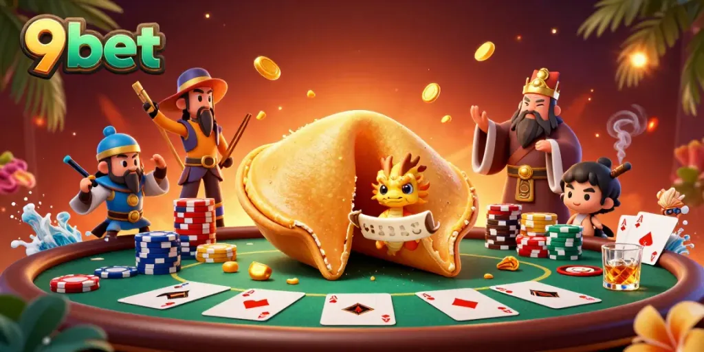 Experience the excitement of 9bet with a captivating casino scene featuring a golden cookie and a wise dragon.