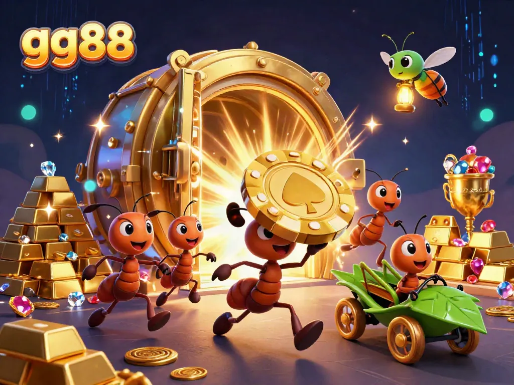 Experience the excitement of gg88 with cartoon ants heisting a giant poker chip in this vibrant, casino-themed 3D illustration.