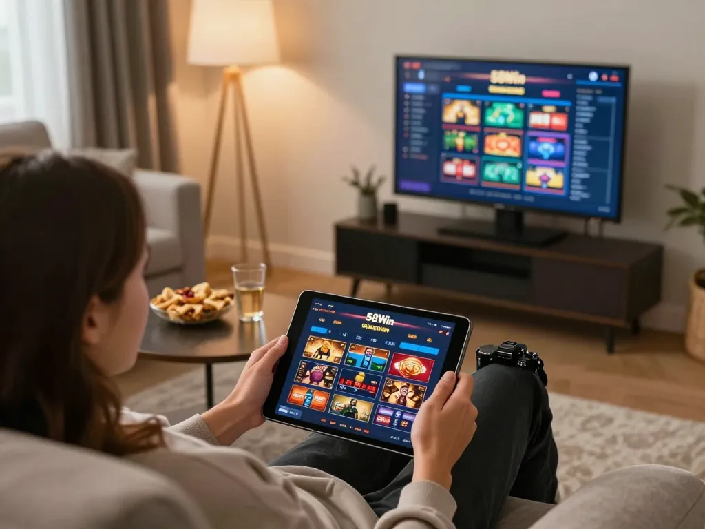 Player enjoying online gaming with the 58Win app on tablet, cozy home environment.