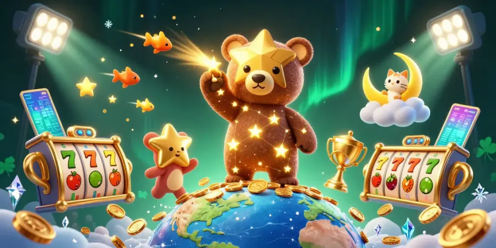 SAWA888 showcases a playful 3D constellation bear scooping coins, surrounded by vibrant slot elements and gold.