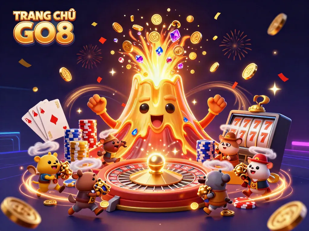 Experience the thrill at TRANG CHỦ GO8 with a golden volcano erupting treasures in dynamic casino action.