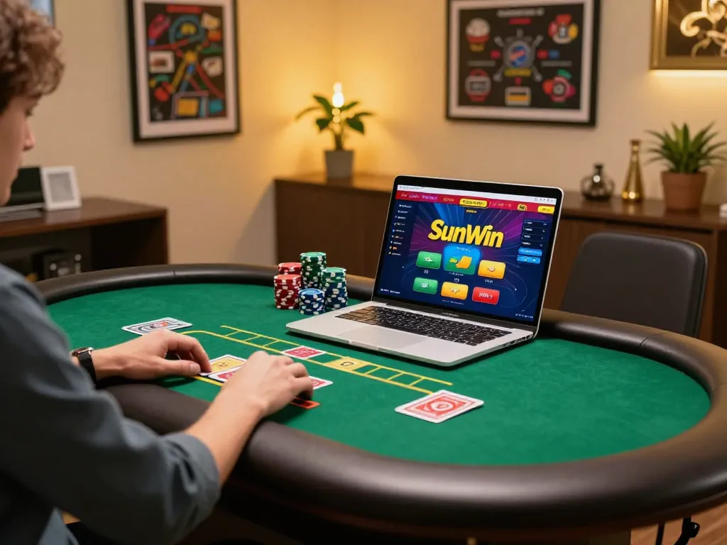 Player engaging with Sunwin online poker setup, showcasing thoughtful strategy and responsible gaming.