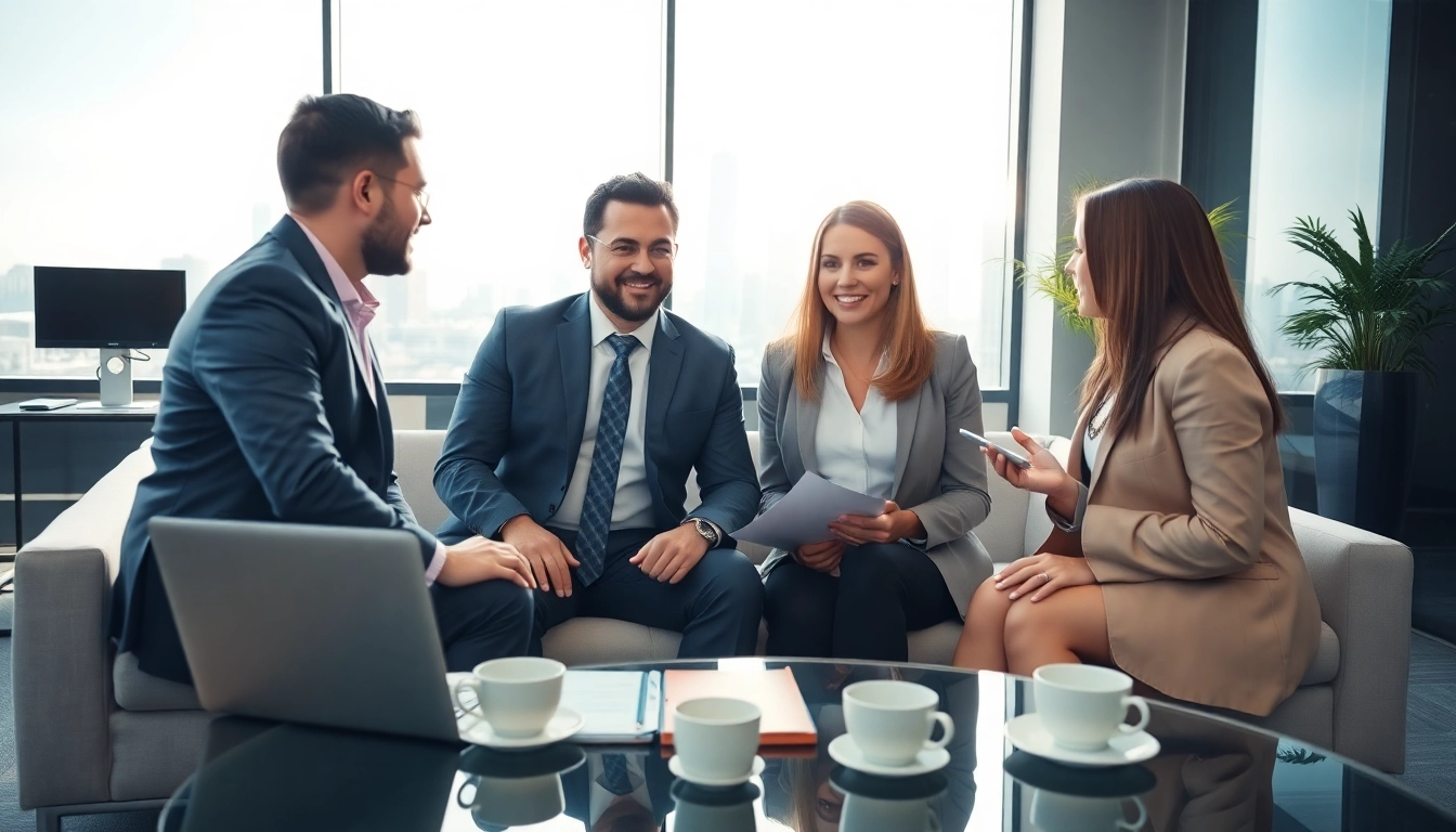 Headhunter IT meeting with candidates in a modern office setting, showcasing a professional atmosphere.