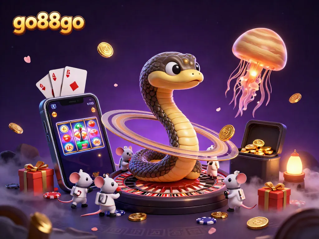 Experience fun betting with go88go in a vibrant cosmic casino scene featuring playful characters.