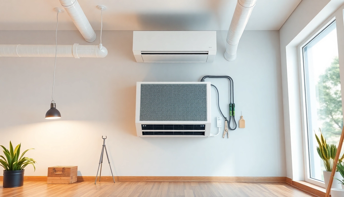 Klima installieren: Fachleute montieren eine Klimaanlage in einem hellen Raum mit professionellem Werkzeug.