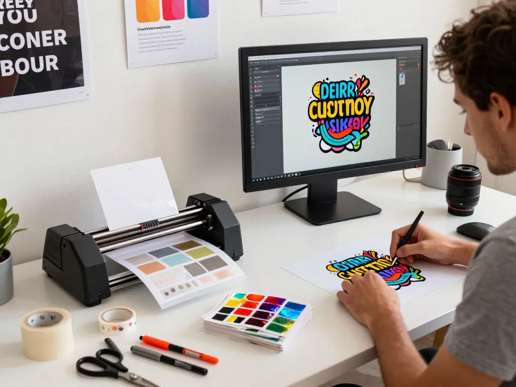 Custom sticker drucken scene showcasing design process and vibrant materials in a creative studio.