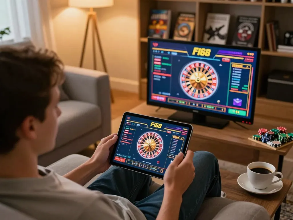 Engaging with F168 VIP app for roulette gameplay in a cozy home setting