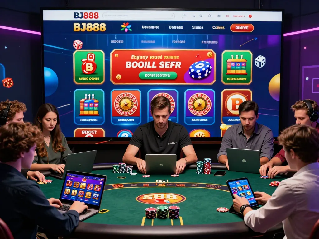 Engaged players using BJ888 online casino interface on various devices, lively gaming atmosphere.