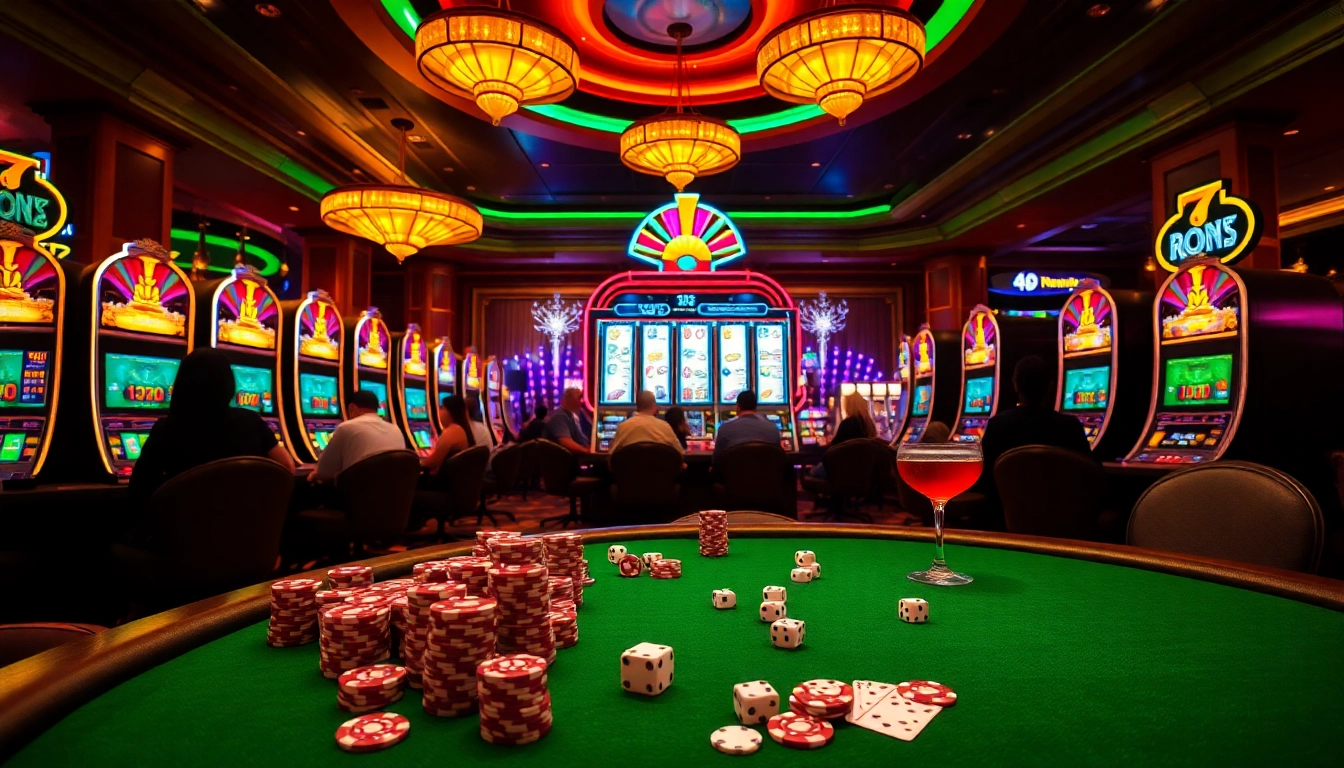 Engaged players experiencing nổ hũ excitement at a vibrant casino slot machine area.