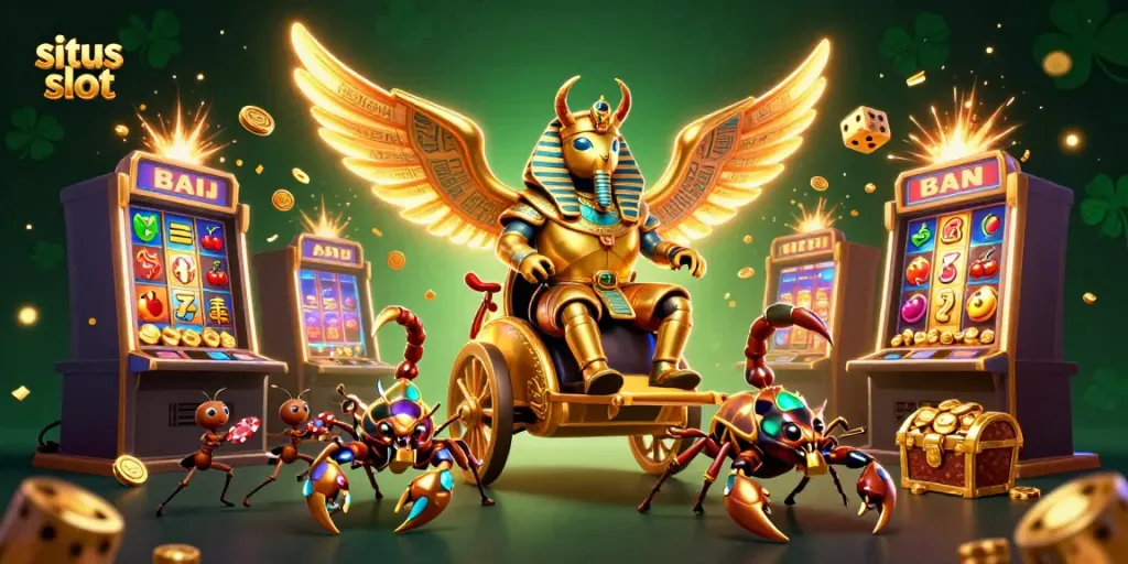Engage with the excitement of situs slot through 3D illustration of a golden beetle chariot and jackpot bursts.