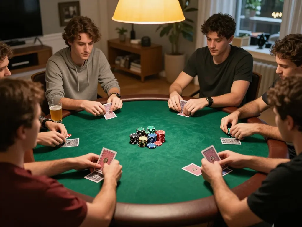 Engaging scene of friends playing poker together, showcasing a vibrant game atmosphere while illustrating Staubbindematte für Reinräume dauerhaft in a unique gaming context.
