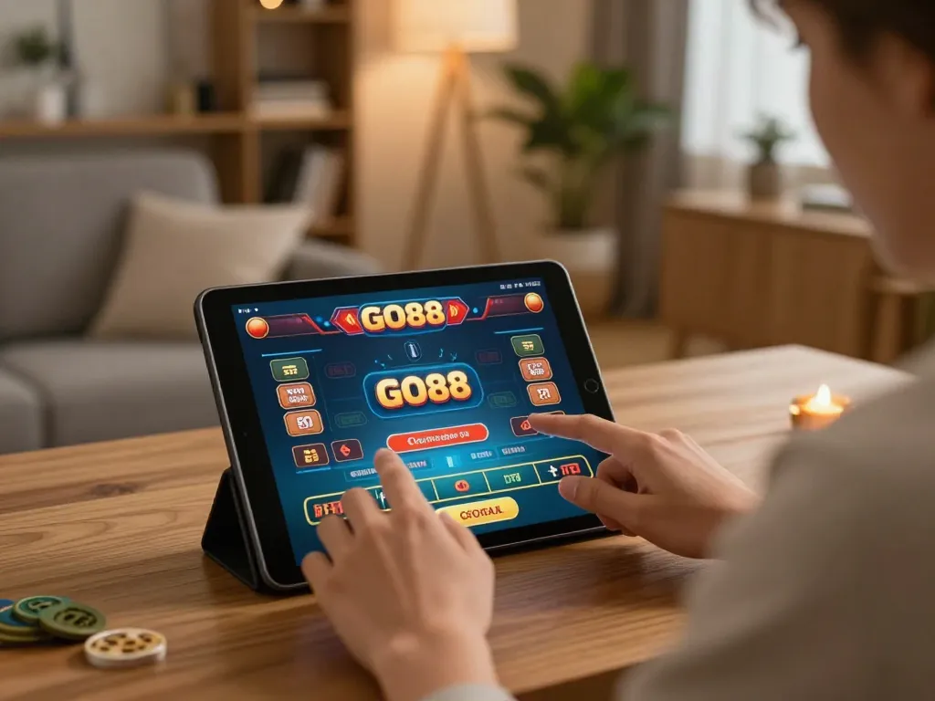 Person engaging with the GO88 app on a tablet, immersed in online gaming strategy.