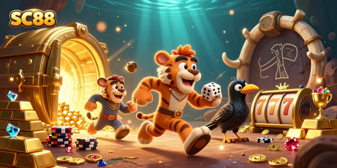 Experience thrilling SC88 casino adventure with cartoon caveman, sabertooth tiger, and golden treasures.