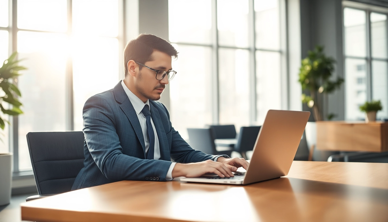 Headhunter Geschäftsführer arbeitet konzentriert in modernem Büro mit Laptop und Unterlagen.