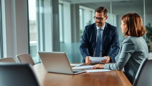Headhunter engages with a candidate at a modern office.