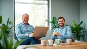 Berater und Kandidat in einer dynamischen Umgebung zur Personalvermittlung, strahlend in modernem Büro mit Pflanzen und natürlichem Licht.