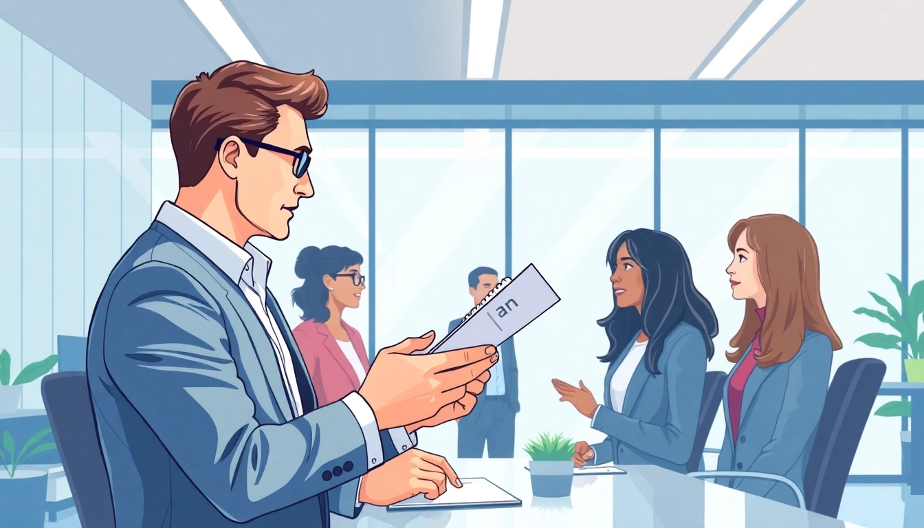 Headhunter consulting with a candidate in a professional office setting.