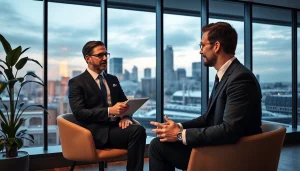 Headhunter Mannheim im Gespräch mit einem Kunden in einem modernen Büro.