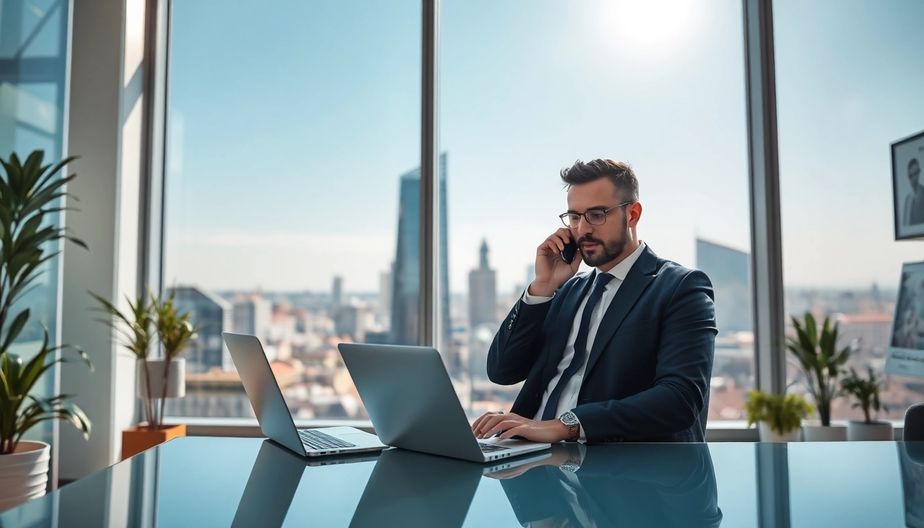 Professioneller Headhunter Frankfurt arbeitet im modernen Büro mit Skyline im Hintergrund.