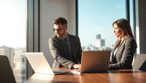 Professioneller Headhunter Hannover im modernen Büro, das mit Laptop arbeitet.
