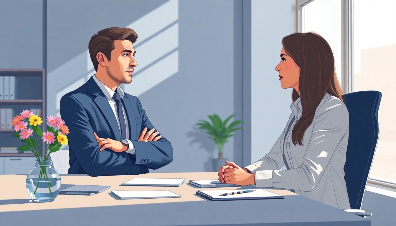 Headhunter Wiesbaden engages with a candidate in a modern office setting, showcasing professionalism and connection.