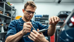 Stoßstange reparieren München - Ein Mechaniker fokussiert sich auf die präzise Reparatur einer beschädigten Stoßstange in einer Werkstatt.