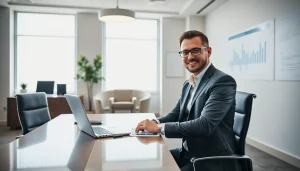 Headhunter Finance präsentiert sich selbstbewusst am Schreibtisch im modernen Büroraum.