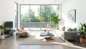 Gestalten Sie Ihre Räume kreativ: Minimalistisches Wohnzimmer mit natürlichem Licht und dekorativen Pflanzen.