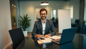 Professioneller Headhunter Karlsruhe in einem modernen Büro mit Aktenmappe und Laptop.
