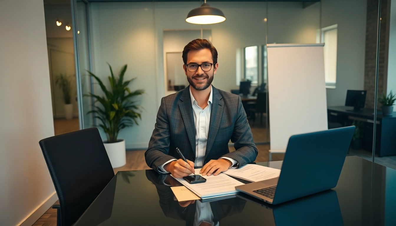 Professioneller Headhunter Karlsruhe in einem modernen Büro mit Aktenmappe und Laptop.