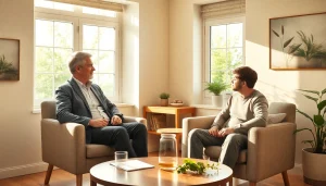 Coaching in Lebenskrisen: Ein Lebensberater unterstützt einen Klienten in einem beruhigenden Raum.