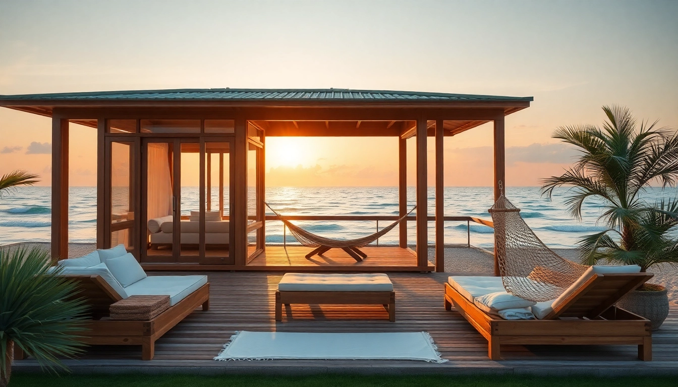 Entspannen Sie im exklusiven Küsten-Cabana mit herrlichem Meerblick und stilvollen Möbeln.