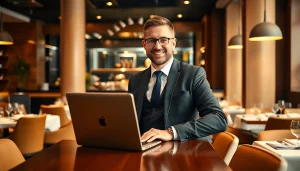 Headhunter Gastronomie bei der Talentakquise in einem modernen Restaurantumfeld, professionell gekleidet, mit Laptop und Notizen.