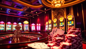 Experience the excitement of gambling with link 88i in a luxurious casino setup featuring vibrant slot machines and poker cards.