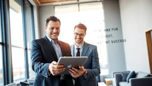 Headhunter Schweiz berät einen Kunden in einem modernen Büro mit digitalem Tablet.