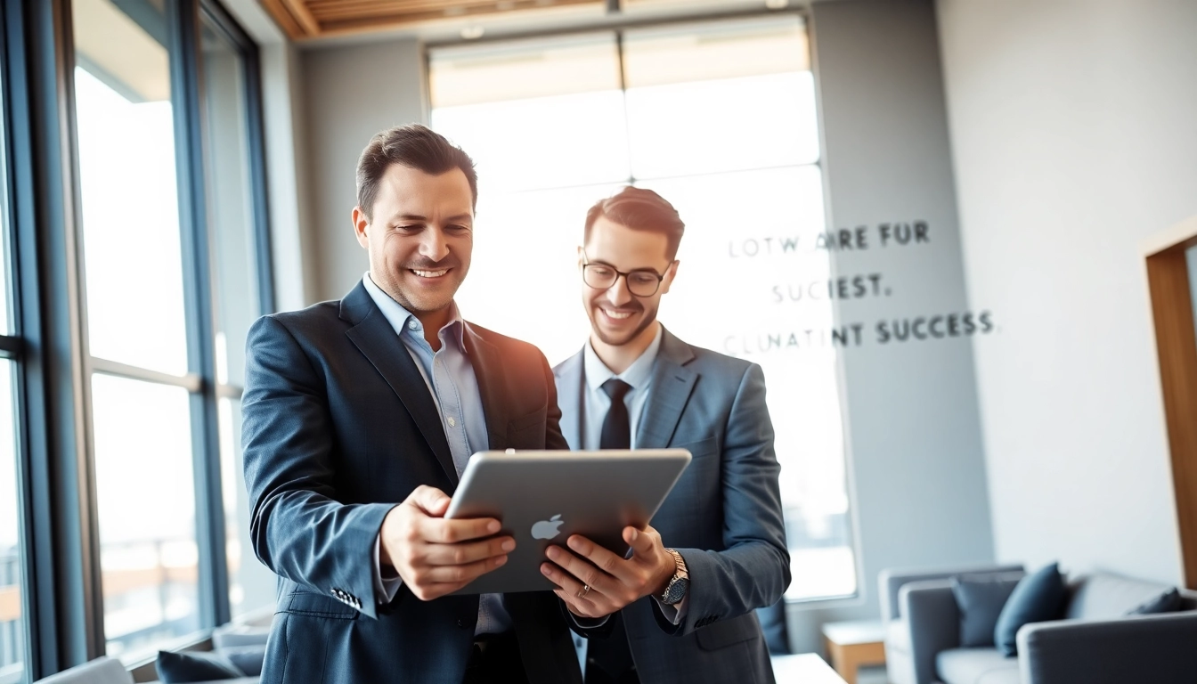 Headhunter Schweiz berät einen Kunden in einem modernen Büro mit digitalem Tablet.