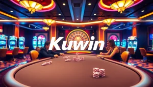 Kuwin casino scene with enthusiastic players at a poker table, vibrant poker chips, and a roulette wheel.